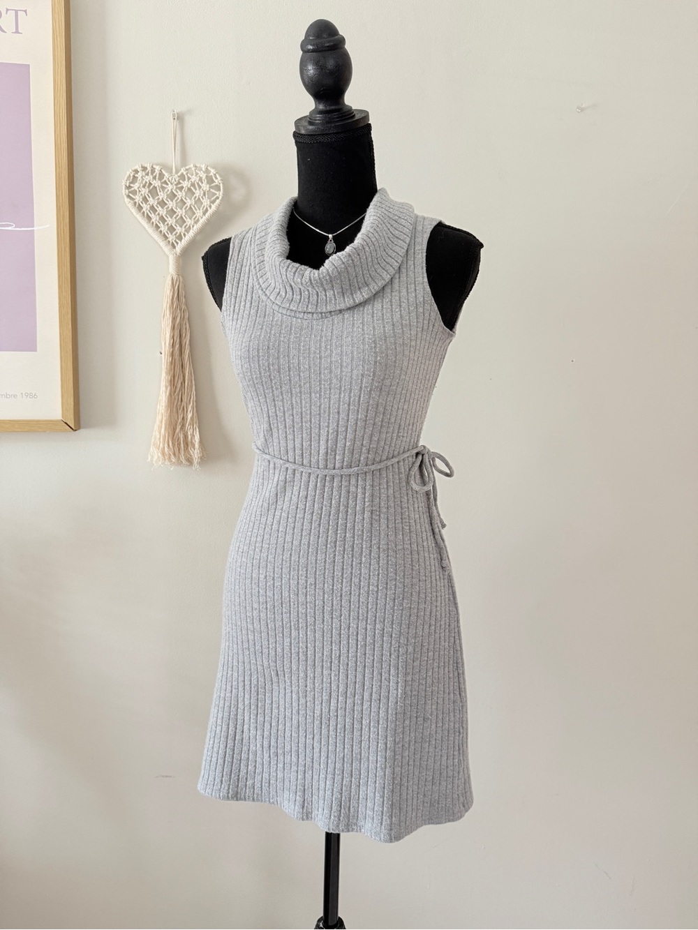 Y2K Sleeveless Ribbed Cowl Neck Knit Dress - Light Gray